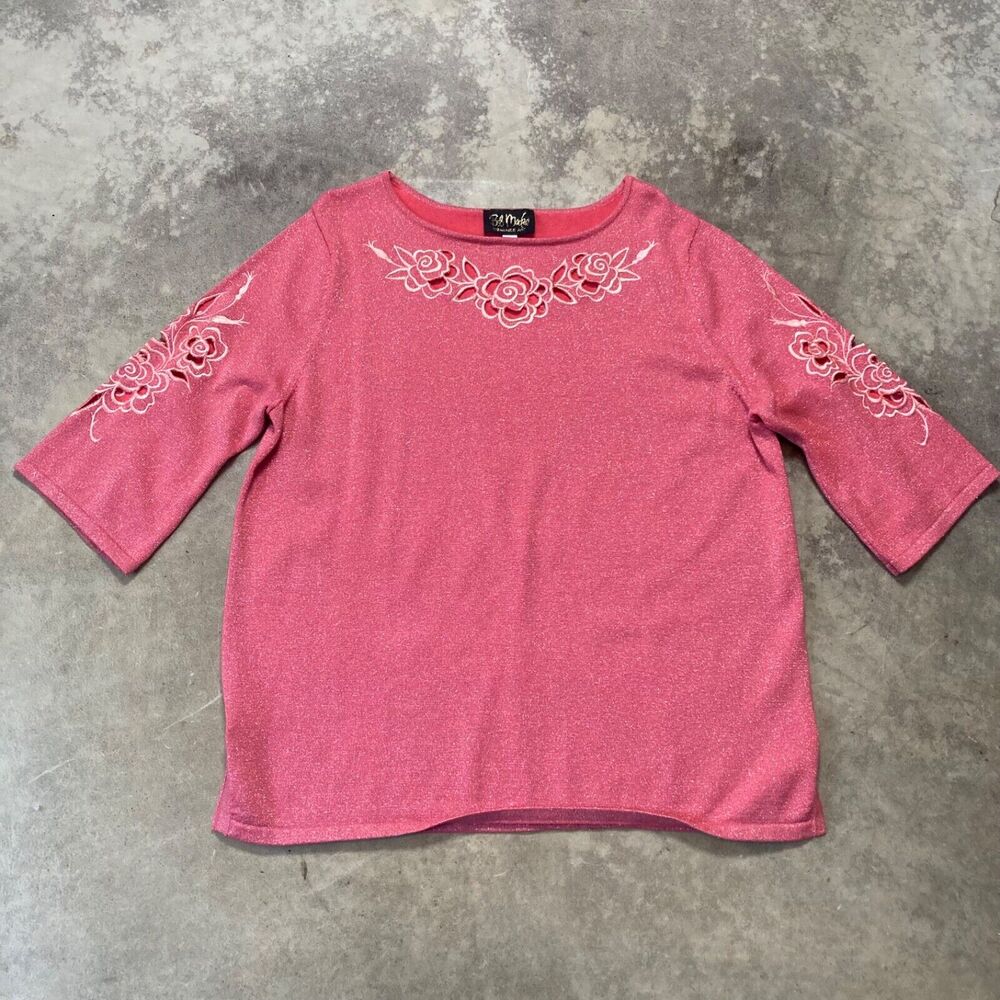 Bob Mackie Womens 1X Pink Coral Metallic Floral Embroidered Laser Cut Knit Tunic